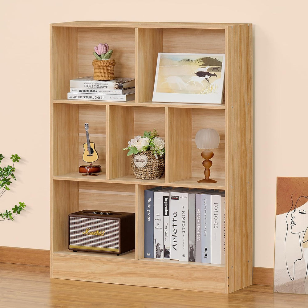 LEYAOYAO 7 Cube Bookshelf with Base,3 Tier Mid-Century Modern Natural Bookcas...