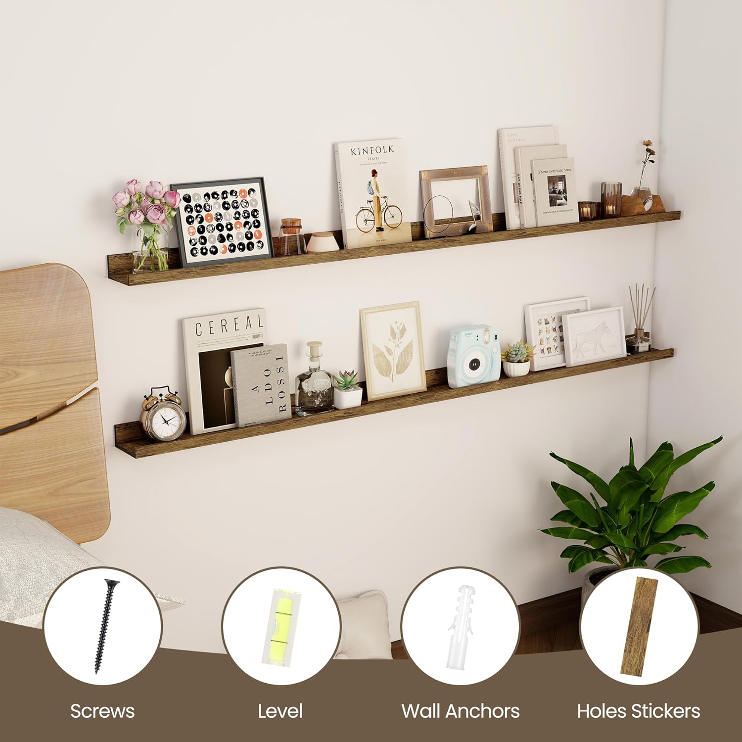 Axeman 55 Inch Floating Shelves - Picture Ledge Shelf Set of 2 - Rustic Brown Wall Shelves with Lip - Picture Shelf for Wall with Ledge - Photo Ledge Shelves for Pictures Nursery Books