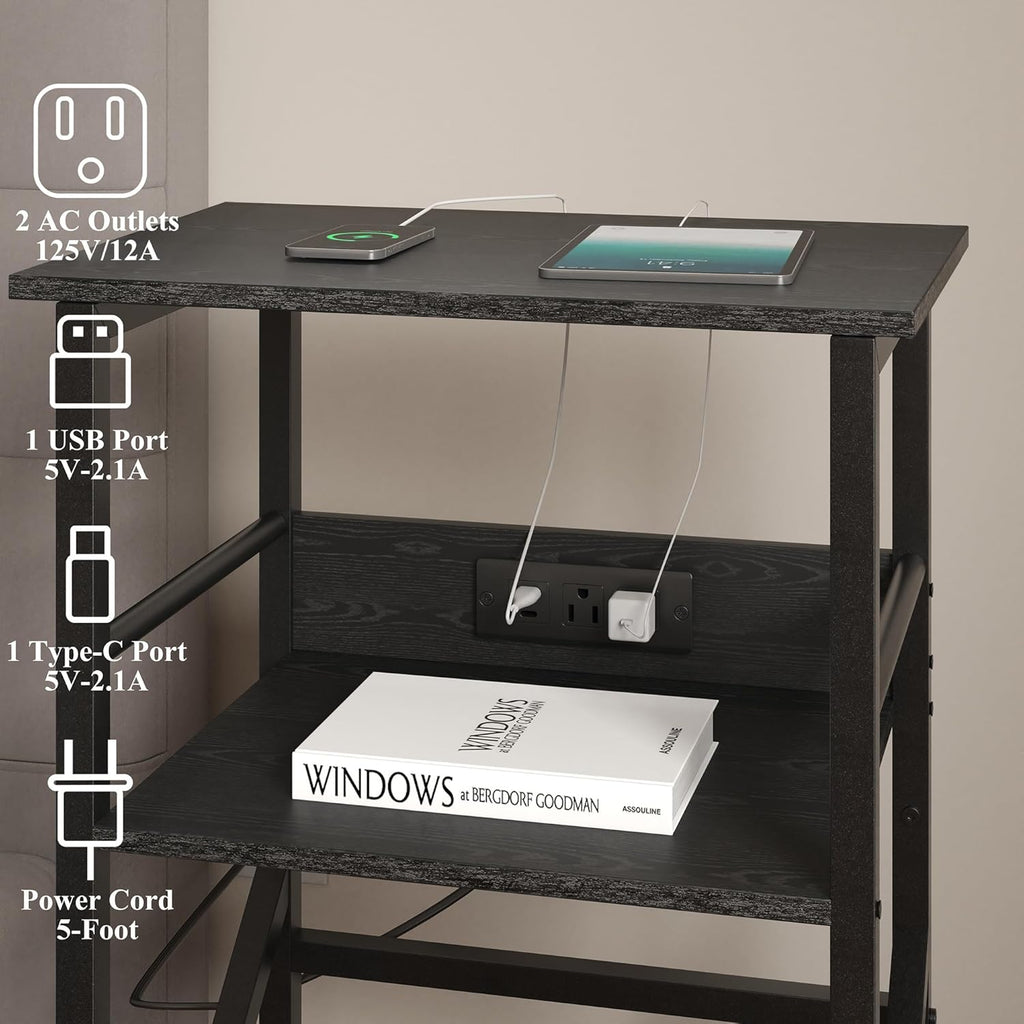 DALEMHOME Record Player Stand with Charging Station, 3-Tier Side Table for 100 Vinyl Storage, End Table for Living Room, Bedroom, Black HKET1002BK