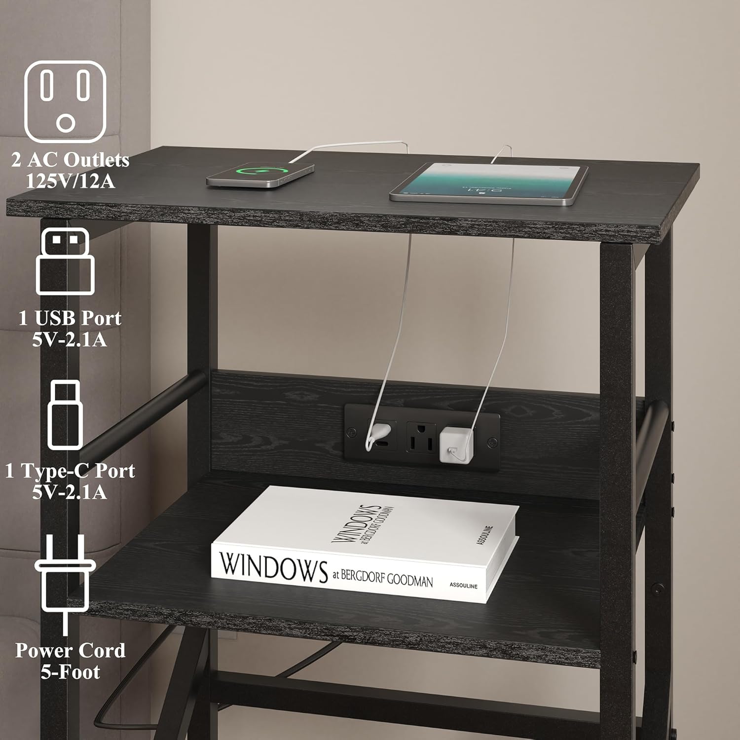 DALEMHOME Record Player Stand with Charging Station, 3-Tier Side Table for 100 Vinyl Storage, End Table for Living Room, Bedroom, Black HKET1002BK