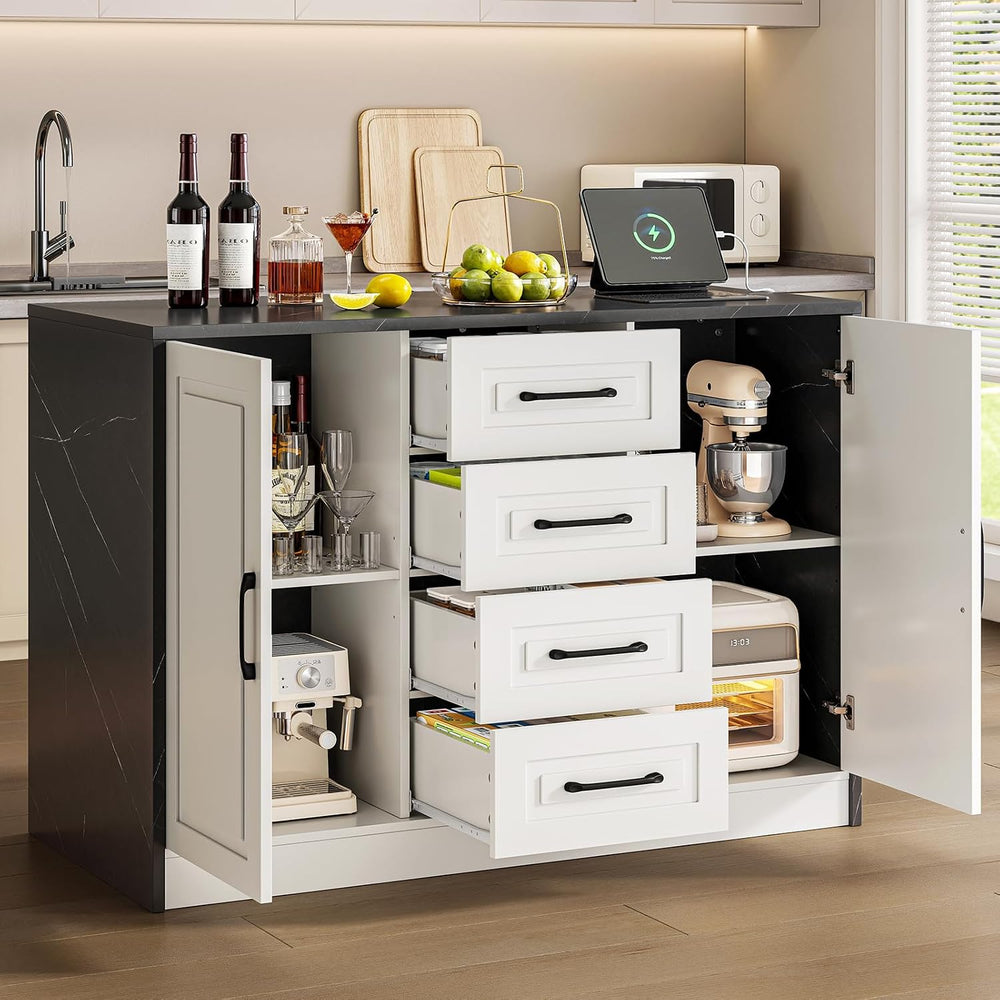 Kitchen Island with 2 Storage Cabinets & 4 Drawers, Black+Imitation Marbl...