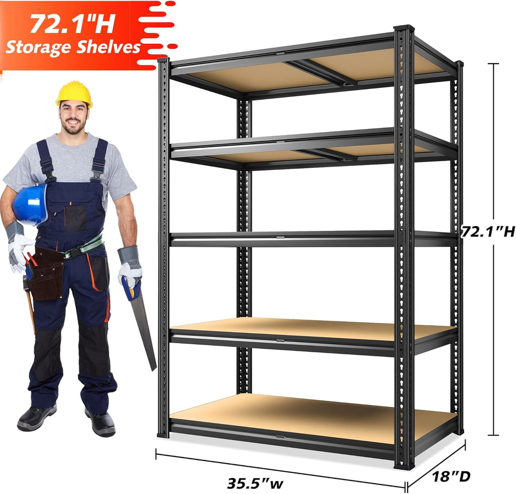 REIBII 72.1'' Storage Shelves 2250LBS Garage Shelving Heavy Duty 5 Tier Heavy Duty Shelving Adjustable Metal Shelves for Warehouse Basement Kitchen Pantry, 72.1" H x 35.5" W x18 D, 1 Pack