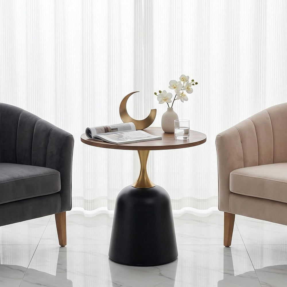 Round Side Table, 23.6 Inch, Walnut Wood Top with Black and Gold Metal Base, ...
