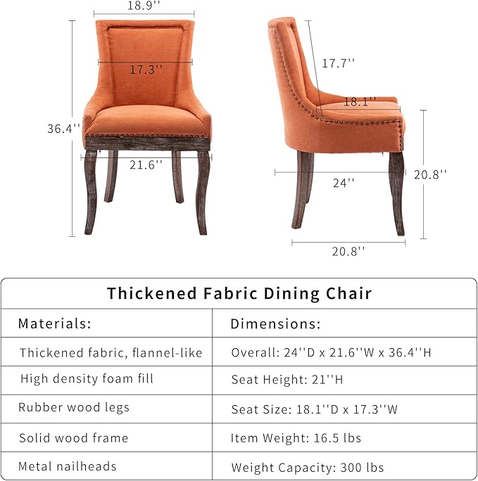 Dining Chairs Set of 8, Kitchen & Dining Room Chairs, Fabric Upholstered Dinning Chairs, Sillas De Comedor, Nailhead Trim, Wood Legs (Orange, 8 Pcs)