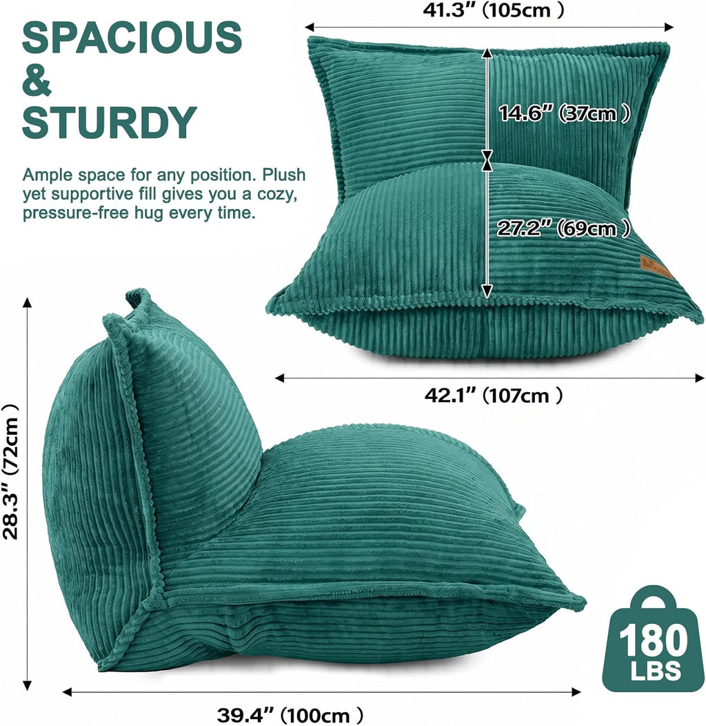 L-Shaped Oversized Bean Bag Chair(L-Green) | Fluffy Memory Foam Beanbag with Corduroy Fabric for Adults Teens Kids, Lounge Floor Sofa Chair for Living Room Bedroom