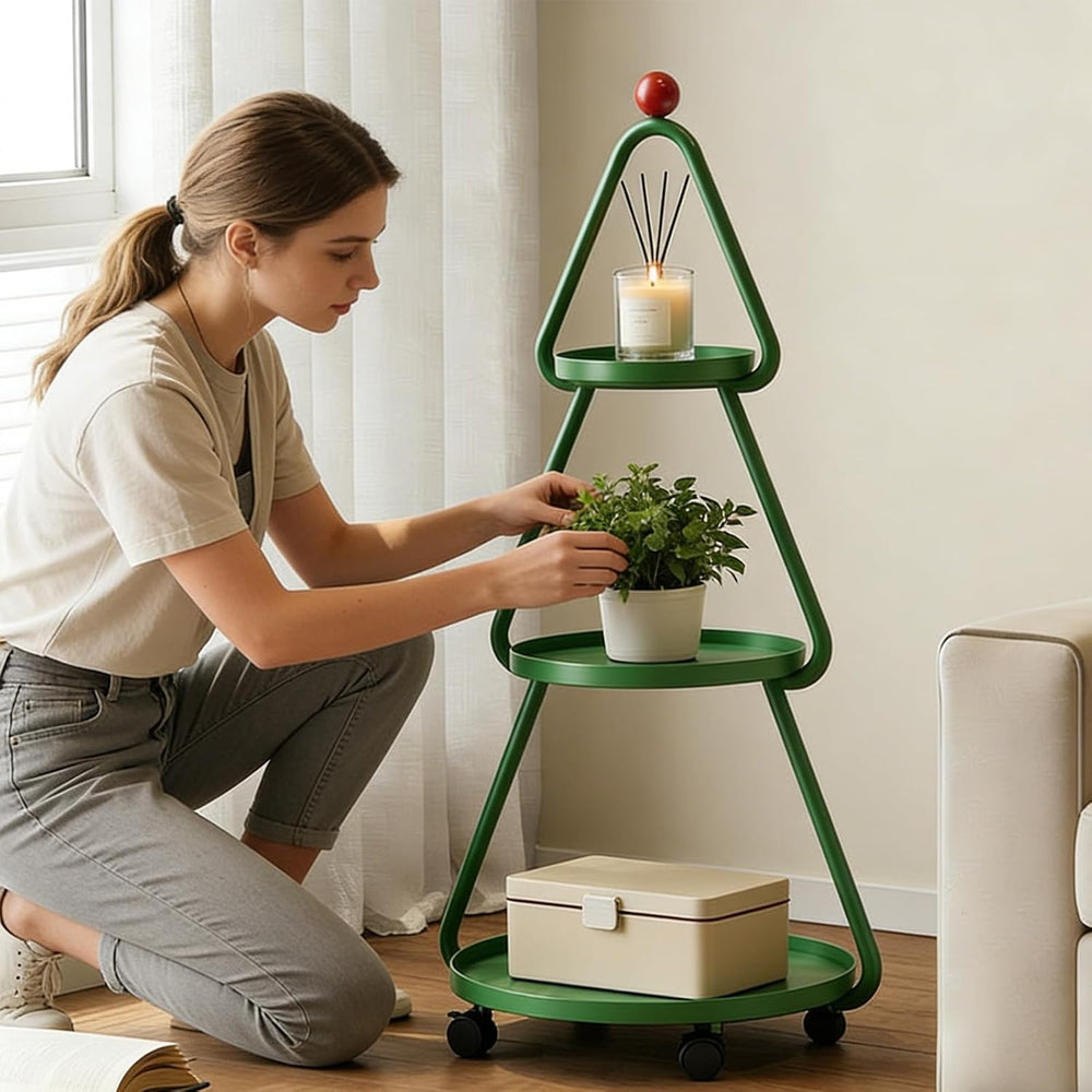 Tree-Shaped Side Table Metal 3-Tier End Table with Rolling Wheels Couch Table...