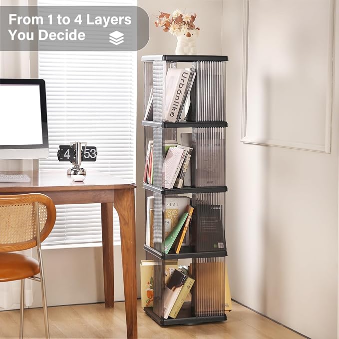 4 Tier Rotating Bookshelf, Small Corner Bookshelf for Small Space, 360 Display Floor Standing Bookcase, Lazy Susan Plastic Narrow Book Organizer Shelf for Bedroom, Living Room, Rectangular