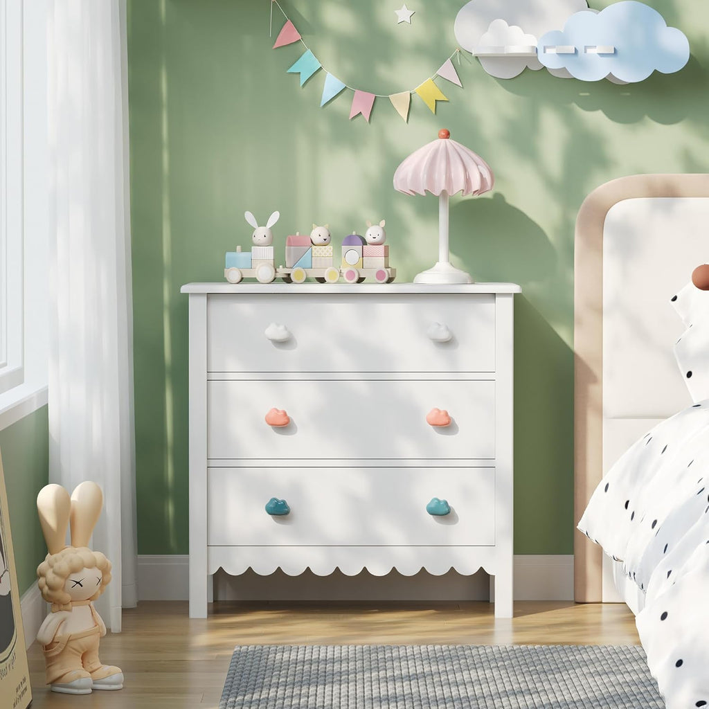 White 3 Drawer Dresser for Bedroom, 27” Scalloped Small Dresser for Girls | FUNKOCO Wooden Chest of Drawers for Hallway, Living Room, 3 Color Cloud Handles