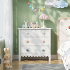 White 3 Drawer Dresser for Bedroom, 27” Scalloped Small Dresser for Girls | FUNKOCO Wooden Chest of Drawers for Hallway, Living Room, 3 Color Cloud Handles