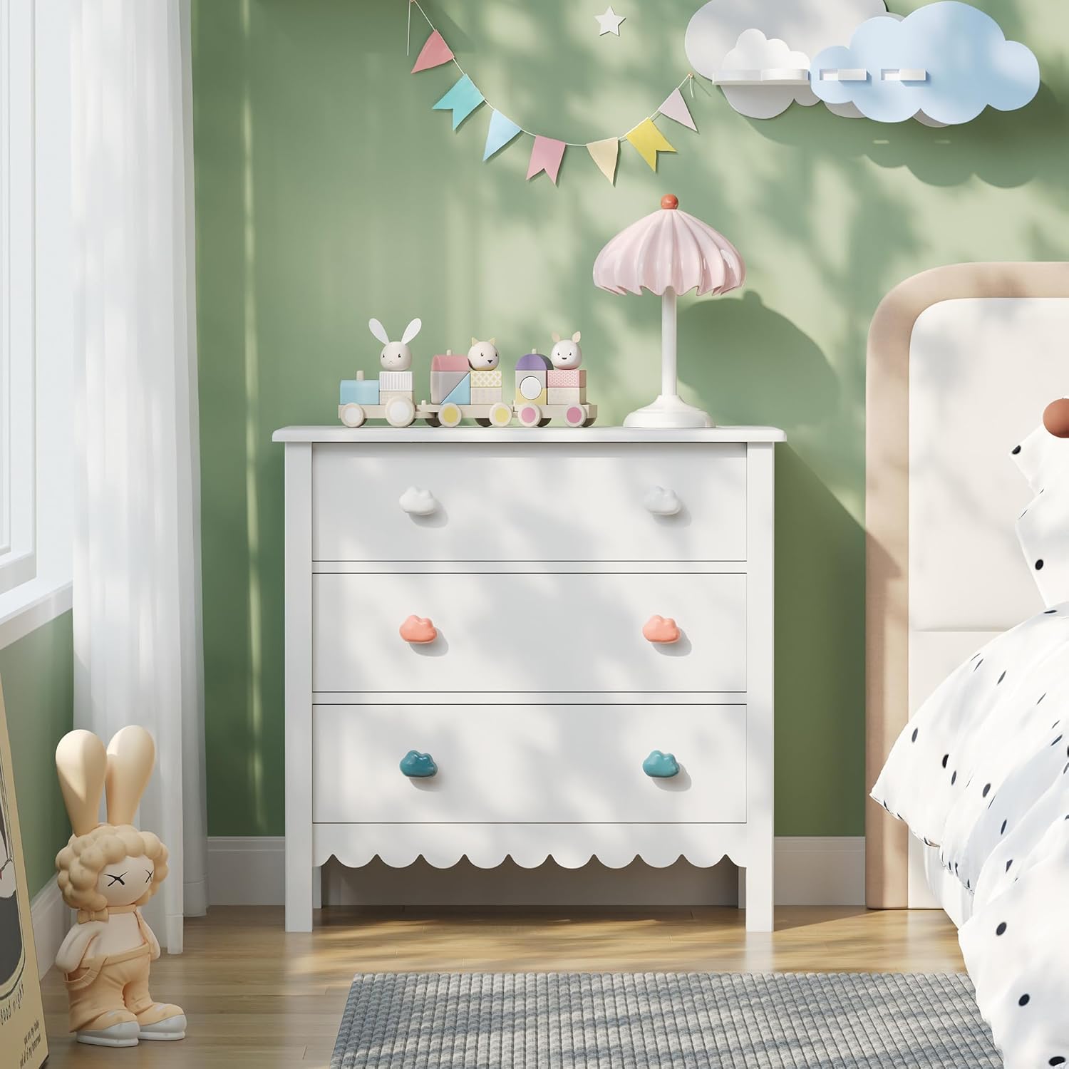 White 3 Drawer Dresser for Bedroom, 27” Scalloped Small Dresser for Girls | FUNKOCO Wooden Chest of Drawers for Hallway, Living Room, 3 Color Cloud Handles