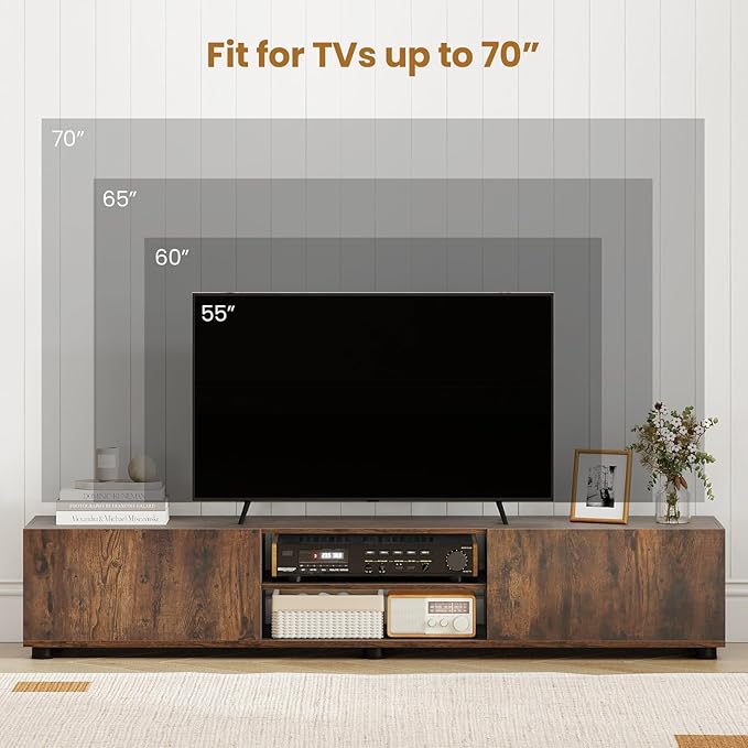 Tangkula Modern TV Stand for up to 70” TVs, 63”L Minimalist Entertainment Center w/ 2 Doors & Open Shelves, Media Console Table Storage Cabinet with 6 Support Feet for Living Room (Rustic Brown, 63”L)