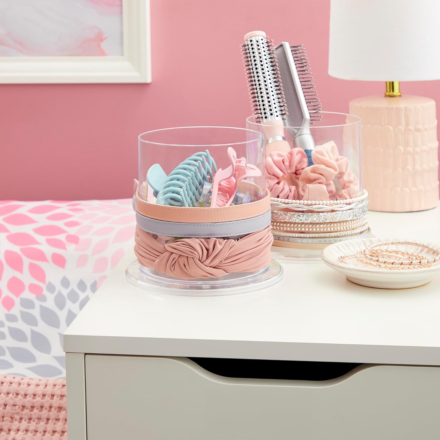 STORi Bella 2-Pack Headband and Scrunchie Holder | Clear Plastic Organizer Display Stand | Holds Hair Ties, Accessories, and Jewelry | Made in USA