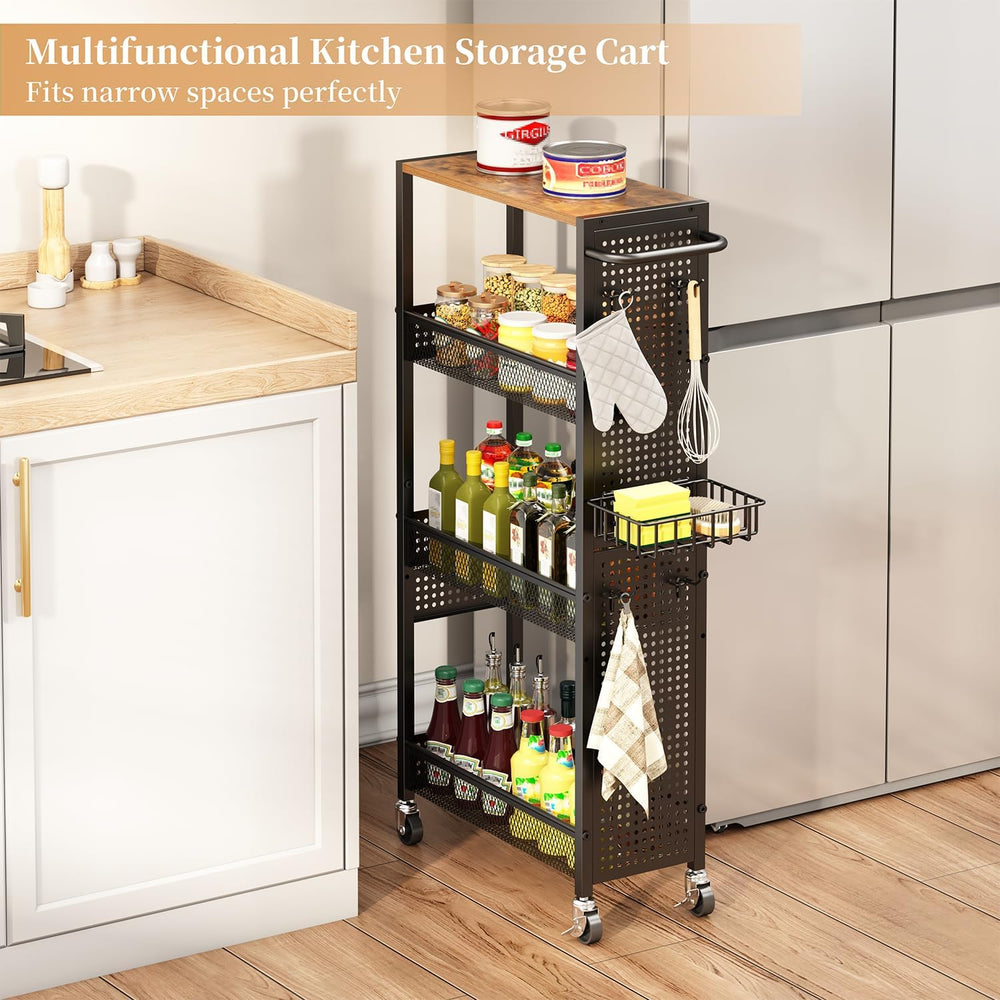 Slim Storage Rolling Cart: 4-Tier Narrow Metal and Wood Utility Cart with Whe...