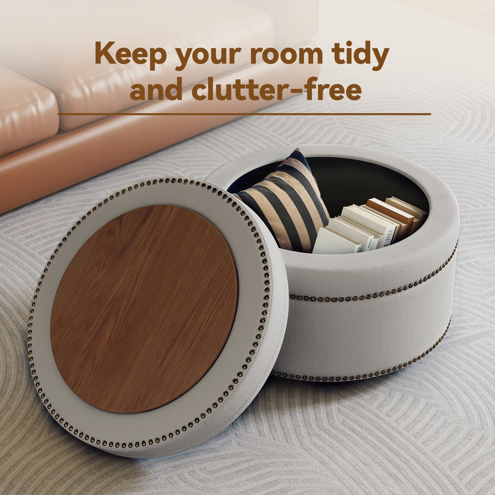 24'' Dual-Surface Lid Round Ottoman – Accent Ottoman with Storage Com...
