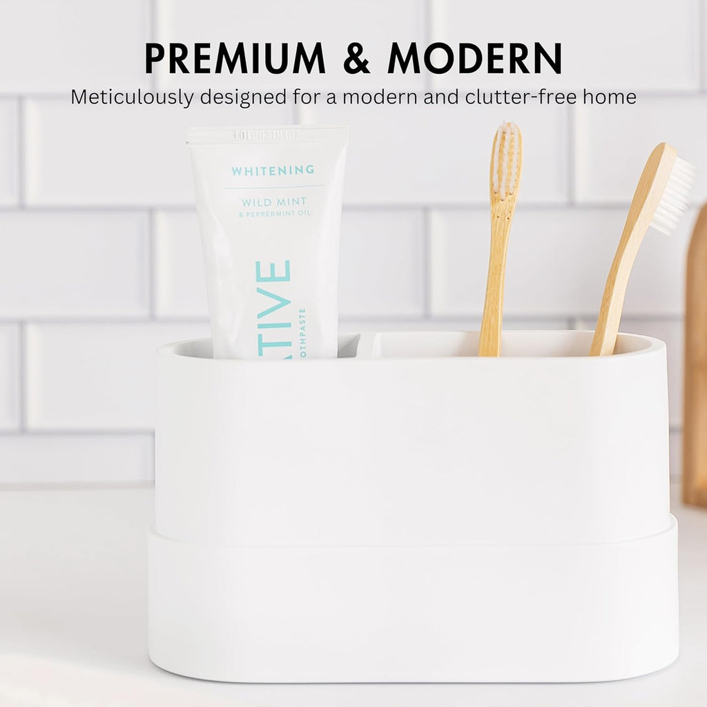 Matte White Large Toothbrush and Toothpaste Holder and Cup for Bathroom Vanity and Countertop, Round Organizer for Electric Toothbrushes, Floss, Razors, Cotton, and Mouthwash