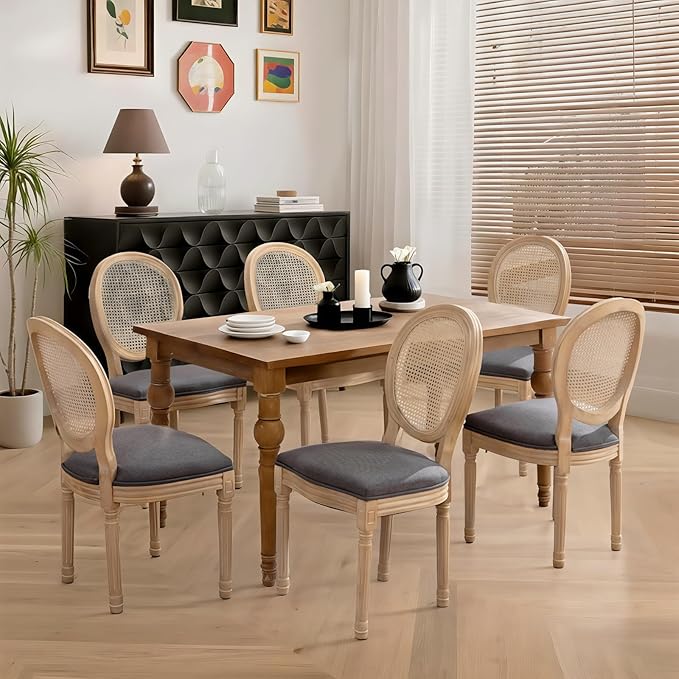 French Country Dining Chairs Set of 6,Farmhouse Upholstered Dining Room Chairs with Round Back and Solid Leg,Rattan Kitchen Chairs for Kitchen/Bedroom/Dining Room,Gray