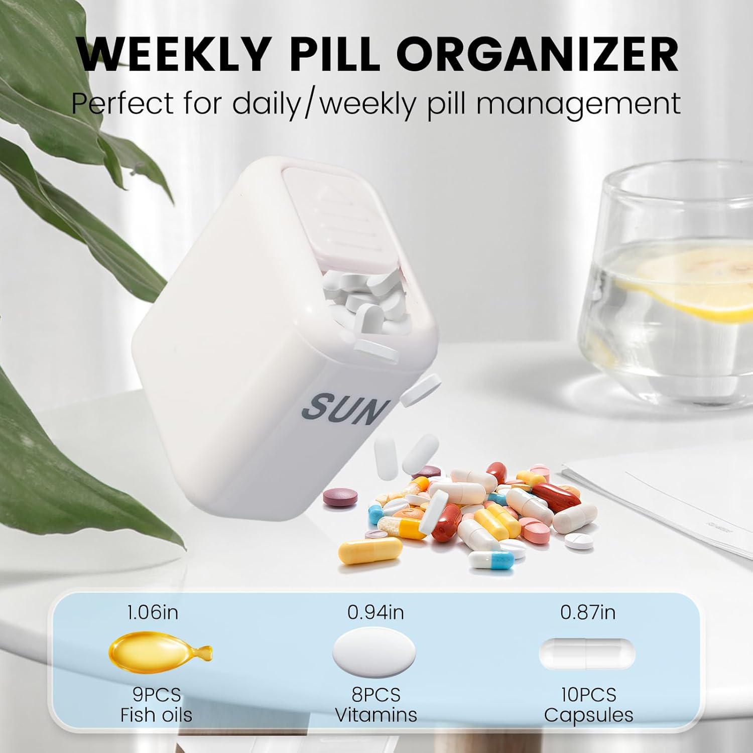 Pill Organizer Easy-Slide Lid, Removable 7 Day 1 Time a Day Pill Box, Large Travel Pill Case, Week Once Daily Medication Dispenser, Pill Container Holder for Supplement, Vitamin, White