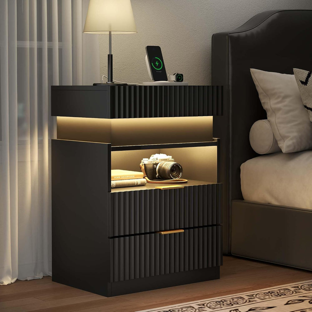 Night Stand with Wireless Charging Station, Black Bedside Table with Hidden G...