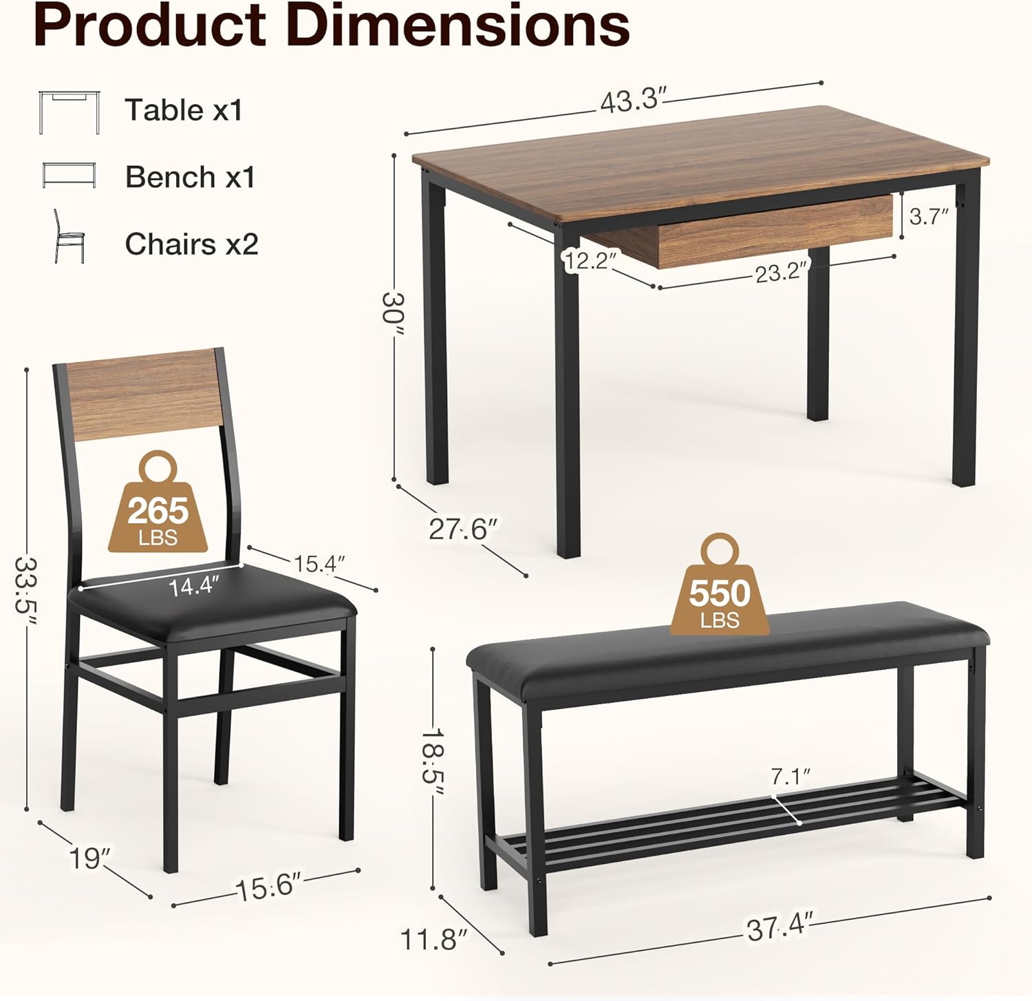 43.3" Dining Table Set for 4 with Drawer Storage, Dining Table with Chairs and Upholstered Bench, Lower Shelf, Space-Saving Wooden Table for Apartment, Kitchen, Dining Room