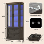 St.Mandyu 71" Tall Display Cabinet with Glass Doors, Curio Case with LED Sensor Lights and 2 Storage Drawers for Living Room, Home, Kitchen, Black