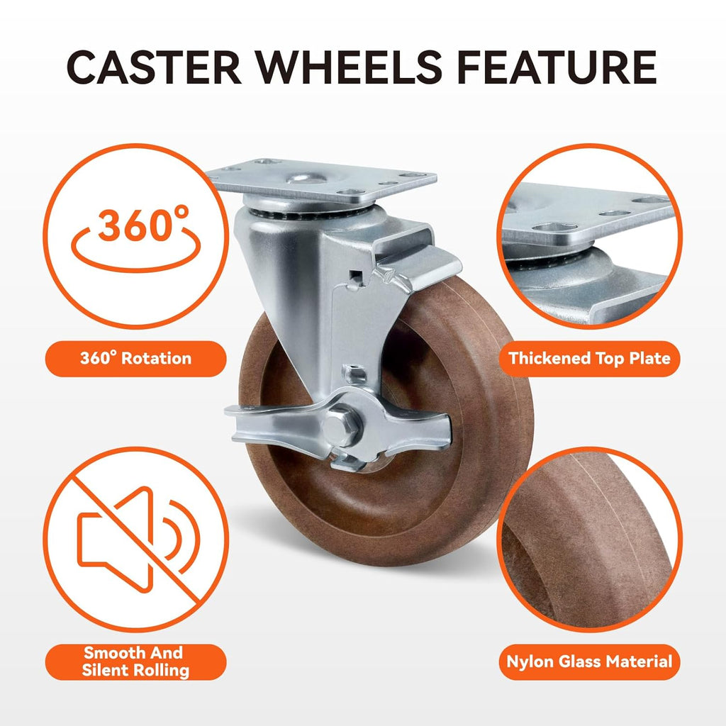 5" Hi-Temp Glass FiIled Nylon Casters, Heavy Duty Casters Set of 4, Industrial Caster Wheels for Commercial Kitchen, Bakery - 2800 lbs Capacity(4 Brake)