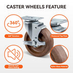 5" Hi-Temp Glass FiIled Nylon Casters, Heavy Duty Casters Set of 4, Industrial Caster Wheels for Commercial Kitchen, Bakery - 2800 lbs Capacity(4 Brake)