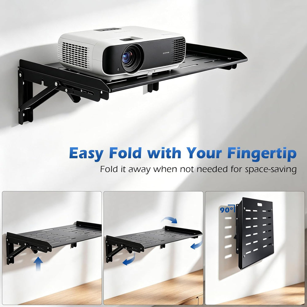 Folding Wall Mount Shelf, 16.9x11 Inch Metal Floating Shelf with Lip, Cable H...