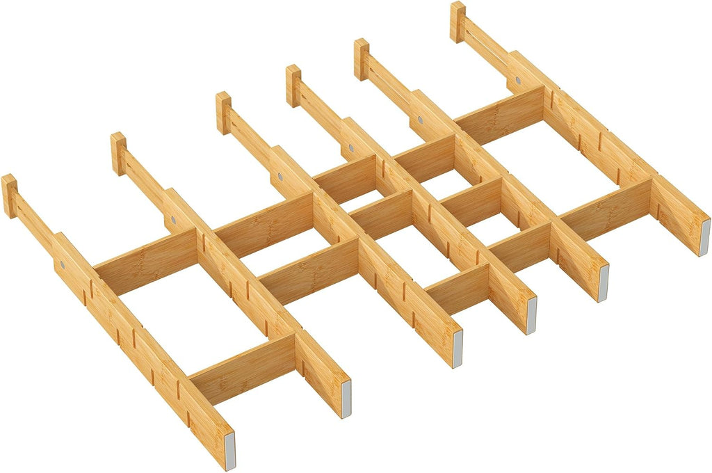 kiplant Bamboo Drawer Dividers - Adjustable Drawer Dividers for Kitchen, Clothes, Closet & Office - 6 Pack with Inserts, 18-22.6 Inches, Non-Slip Silicone Ends