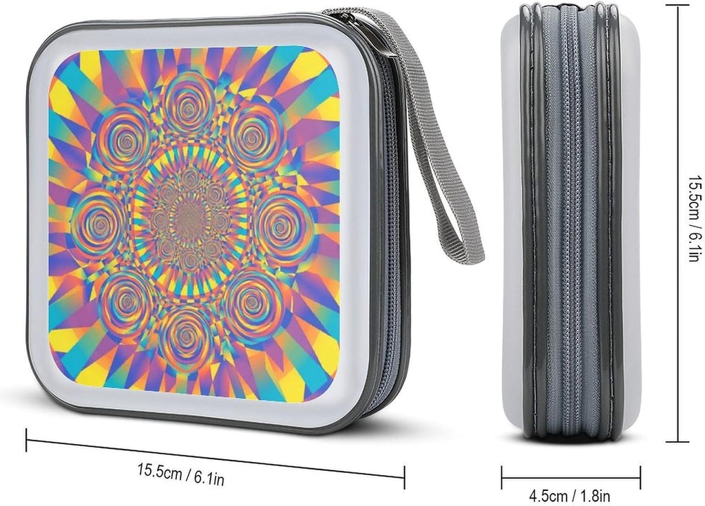 40-Disc CD/DVD Organizer Wallet Red Blue Yellow Spiral Tie Dye Rainbow, Heavy-Duty Hard Plastic Binder, Portable Storage Case with Carry Strap for Car