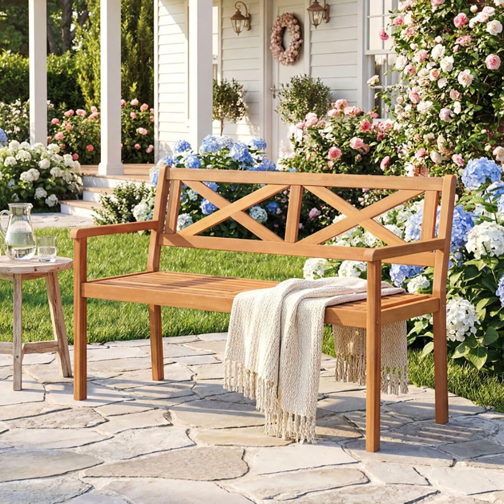 Solid Acacia Wood Outdoor Chair Armrests Backrest 44in Seat 800lb Capacity Ba...