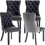 Modern Dining Chairs Set of 4, Tufted Upholstered Dining Chair with Solid Wood Legs, Velvet and Leather Dining Chairs, Sillas de Comedor, Comfy Kitchen Chair (Black+Gray, 4Pcs)