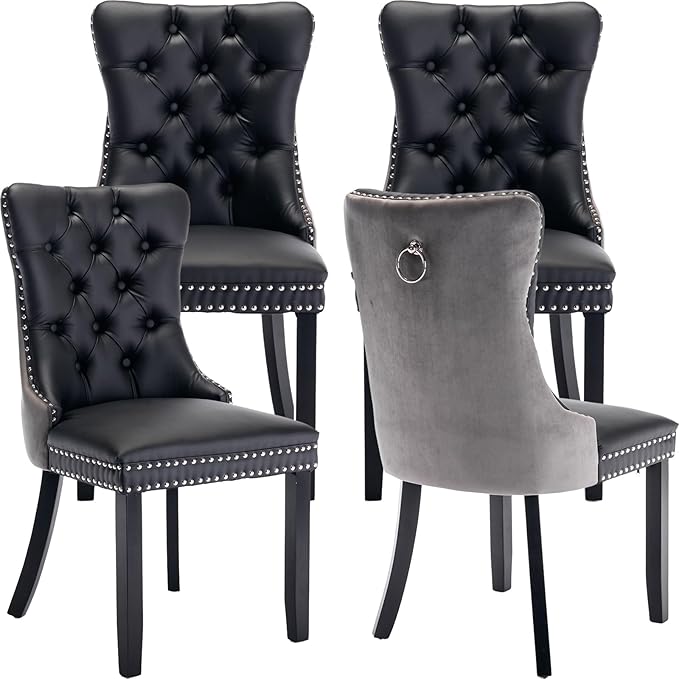 Modern Dining Chairs Set of 4, Tufted Upholstered Dining Chair with Solid Wood Legs, Velvet and Leather Dining Chairs, Sillas de Comedor, Comfy Kitchen Chair (Black+Gray, 4Pcs)