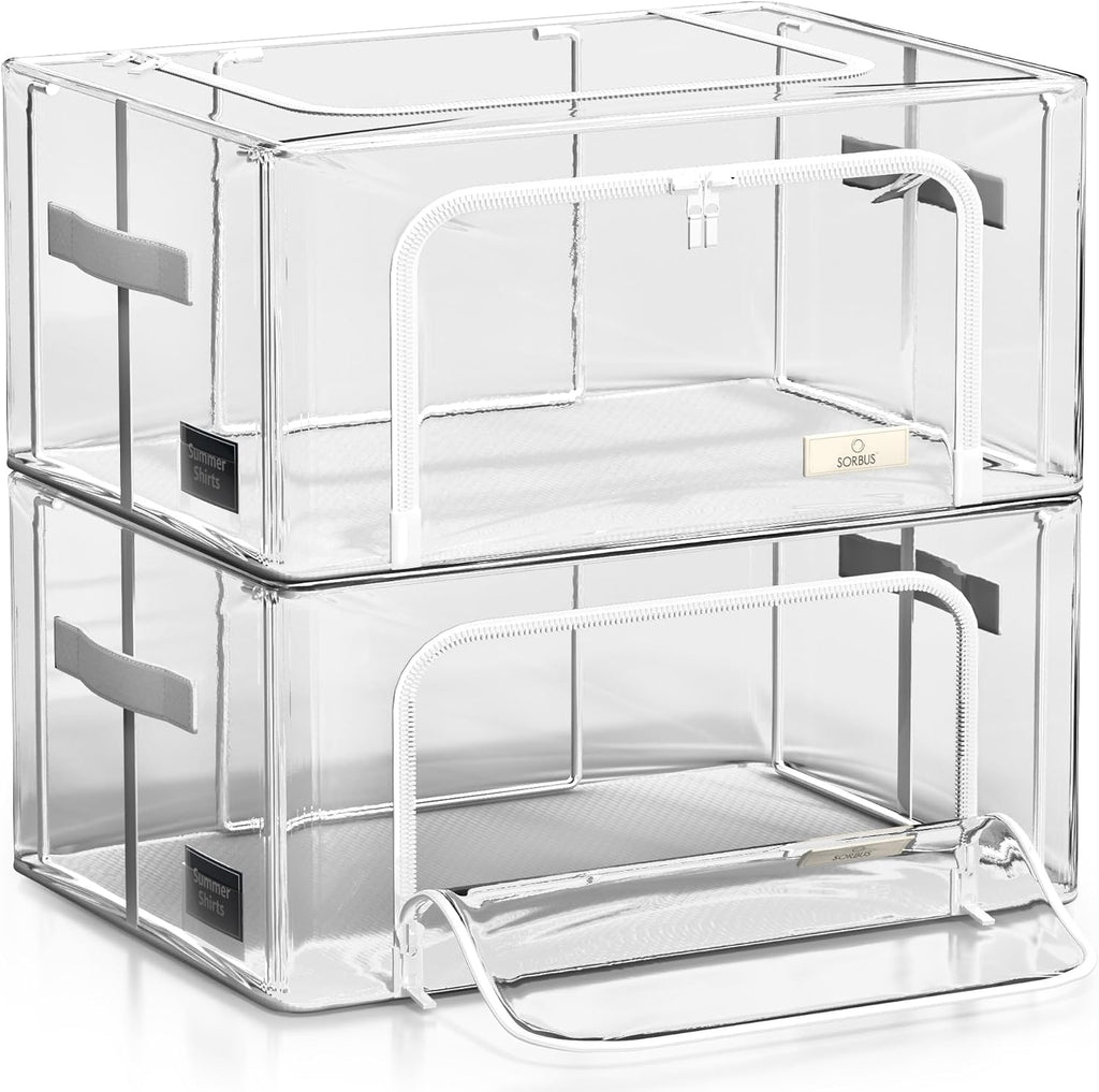 Sorbus Storage Bins with Metal Frame - Stackable & Foldable Clothes Organizer Bags - Clear Soft Plastic Storage Containers (2 Pack, Small)