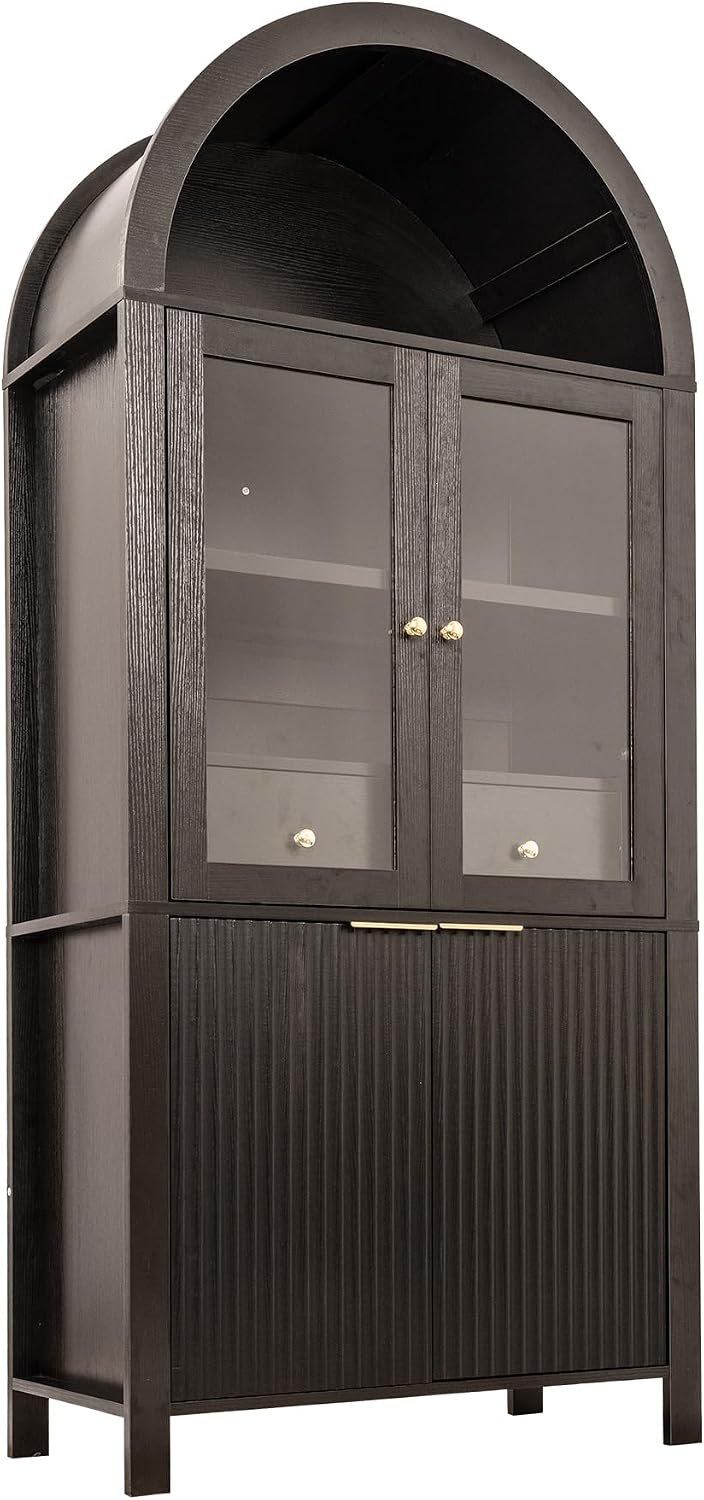 71" Fluted Arched Glass Door Cabinet, Tall Display Cabinet with Adjustab...