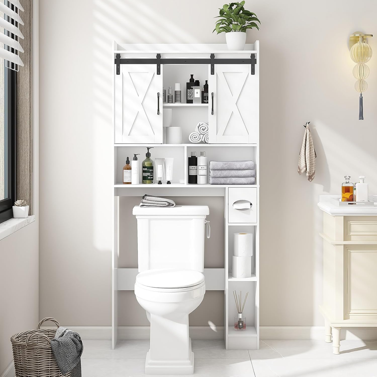 Vabches Over The Toilet Storage Cabinet, Farmhouse Storage Cabinet Over Toilet with Sliding Doors，Home Space-Saving Toilet Rack, for Bathroom, Restroom, Laundry