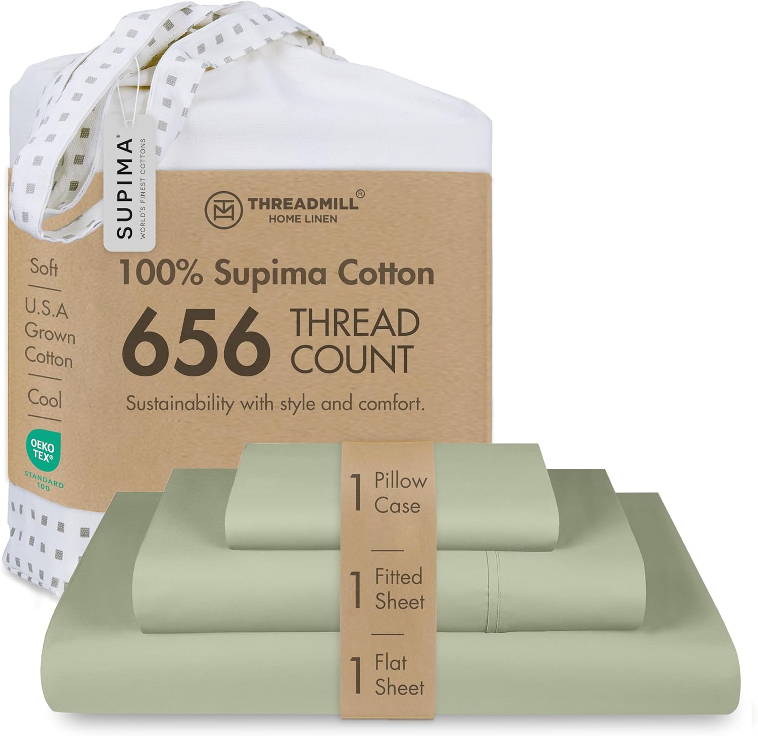 Threadmill Twin XL Sheet Sets | 100% Supima Cotton Sheets for Twin XL Mattress | Solid Sateen Twin XL Bed Sheets Set with 16” Deep Pocket | Soft Breathable 3-Piece Cooling Sheet Set| Sage Green Sheets