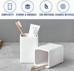 White Ceramic Toothbrush Holder - Square Bathroom Toothbrush Holder, Toothbrush Cup Holder Aesthetic Toothpaste Holder, Modern Family Size Toothbrush Organizer, Bathroom Tumbler Cup