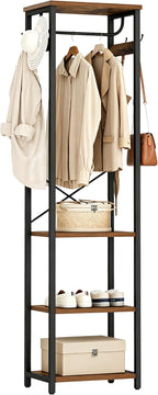 Coat Rack with Hanging Rod, Garment Rack with 3 Wooden Shelves and 4 Hooks, Freestanding Hall Tree, Industrial Clothes Rack Stand Organizer, Rustic Brown and Black