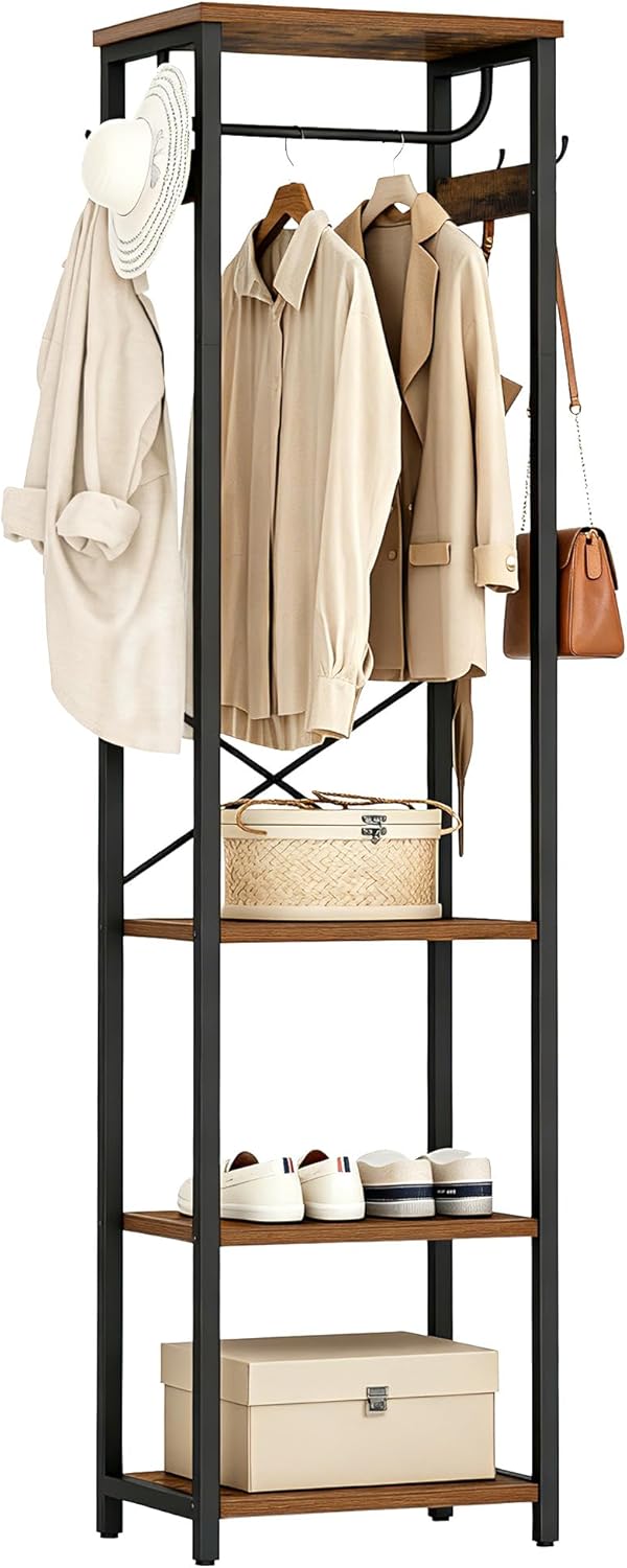 Coat Rack with Hanging Rod, Garment Rack with 3 Wooden Shelves and 4 Hooks, Freestanding Hall Tree, Industrial Clothes Rack Stand Organizer, Rustic Brown and Black
