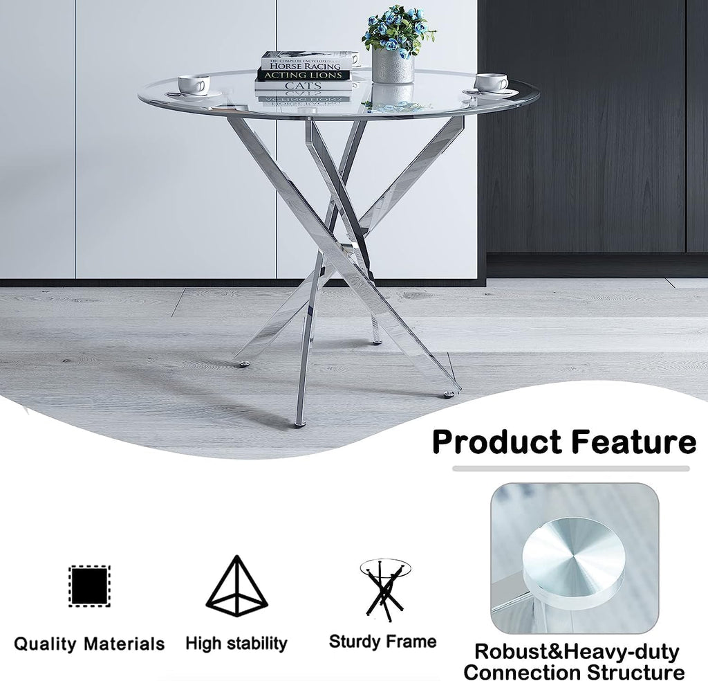 7 Piece Modern Dining Table Set of 6, 47" Tempered Glass Round Dining Tables and 6 Leather Gray Dining Chairs, 47 inch Kitchen Tables with Silver Chrome Metal Base, Small Dining Table Set