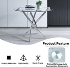 7 Piece Modern Dining Table Set of 6, 47" Tempered Glass Round Dining Tables and 6 Leather Gray Dining Chairs, 47 inch Kitchen Tables with Silver Chrome Metal Base, Small Dining Table Set