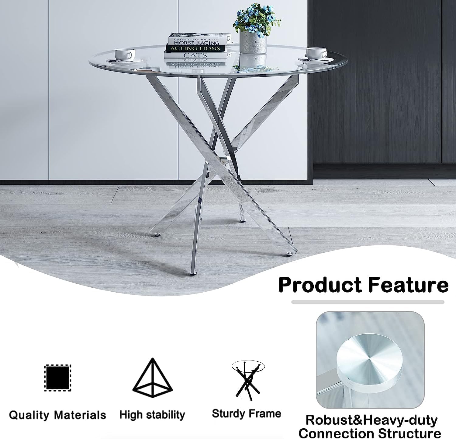 7 Piece Modern Dining Table Set of 6, 47" Tempered Glass Round Dining Tables and 6 Leather Gray Dining Chairs, 47 inch Kitchen Tables with Silver Chrome Metal Base, Small Dining Table Set