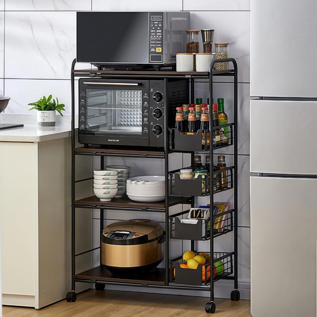 5-Tier Kitchen Carts on Wheels with Storage, Rolling Storage Cart with Handles, Lockable Wheels, 4 Drawers, Utility Carts on Wheels Microwave Stand for Kitchen, Living Room