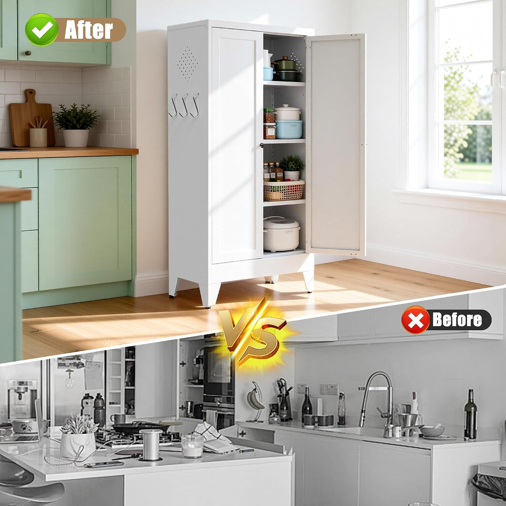 47.3 Inch White Metal Pantry Cabinet Freestanding Storage Organizer with 3 Ad...