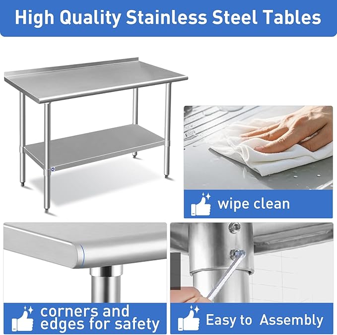 ROCKPOINT Stainless Steel Prep & Work with Backsplash 30x36 Inches, NSF Commercial Heavy Duty Table with Undershelf for Kitchen, Home and Hotel