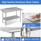 ROCKPOINT Stainless Steel Table for Prep & Work with Backsplash 24x48 Inches, NSF Metal Commercial Kitchen Heavy Duty Table with Adjustable Under Shelf and Table Foot for Restaurant, Home and Hotel