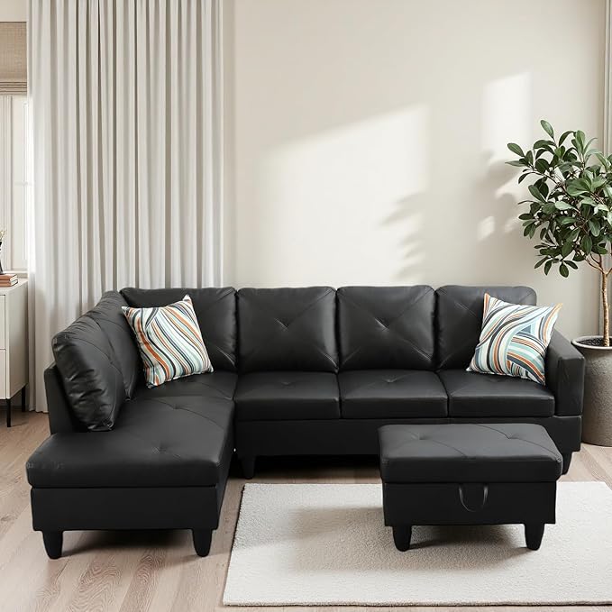 L-Shaped Sectional Sofa with Movable Chaise & Storage Ottoman, Leather 3-Piece Modular Convertible Couches for Living Room, Black