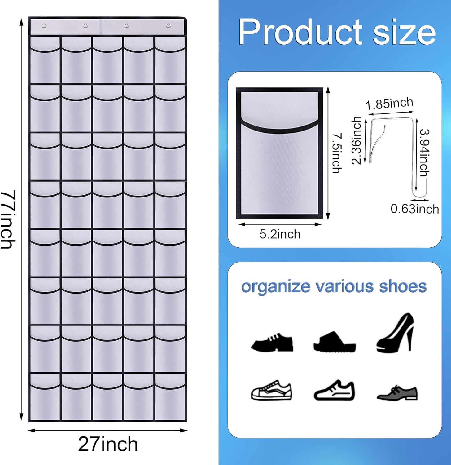40 Mesh Pocket Over the Door Shoe Organizer,Hanging Shoe Rack for Closet Storage Holder for Dorm Room College Classroom Storag(White)