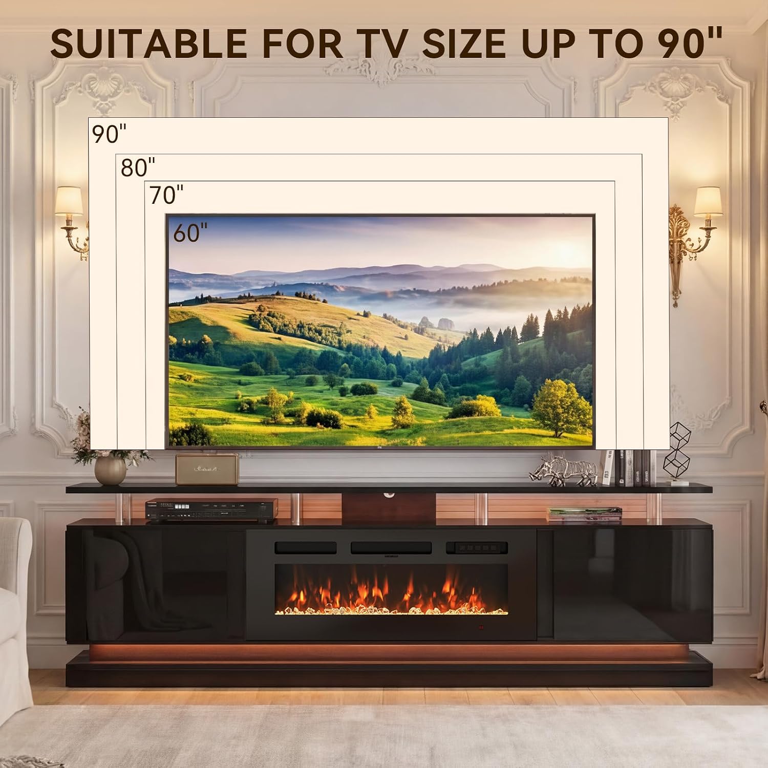 80" Modern Fireplace TV Stand for TVs up to 80", Black Entertainment Center with Black Electric Fireplace,Storage Cabinets&Adjustable LED Light&WiFi, Media Console for Living Room