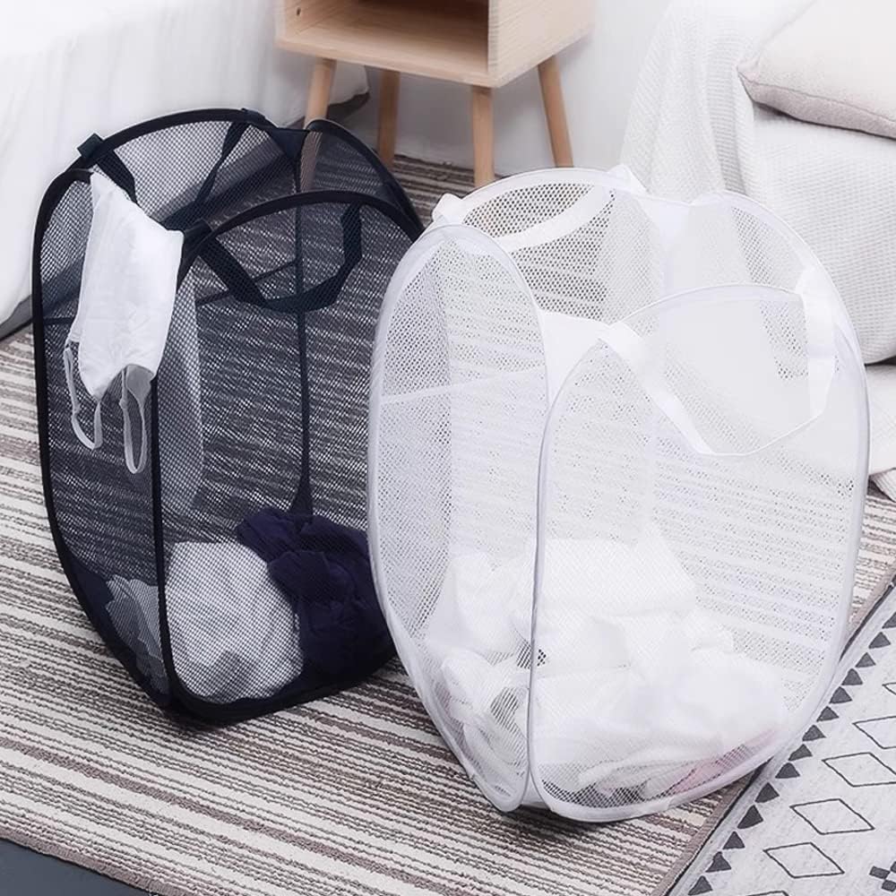 BATTOO Deluxe Strong Mesh Pop up Laundry Hamper Basket with Side Pocket for Laundry Room, Bathroom, Kids Room, College Dorm or Travel Black+White